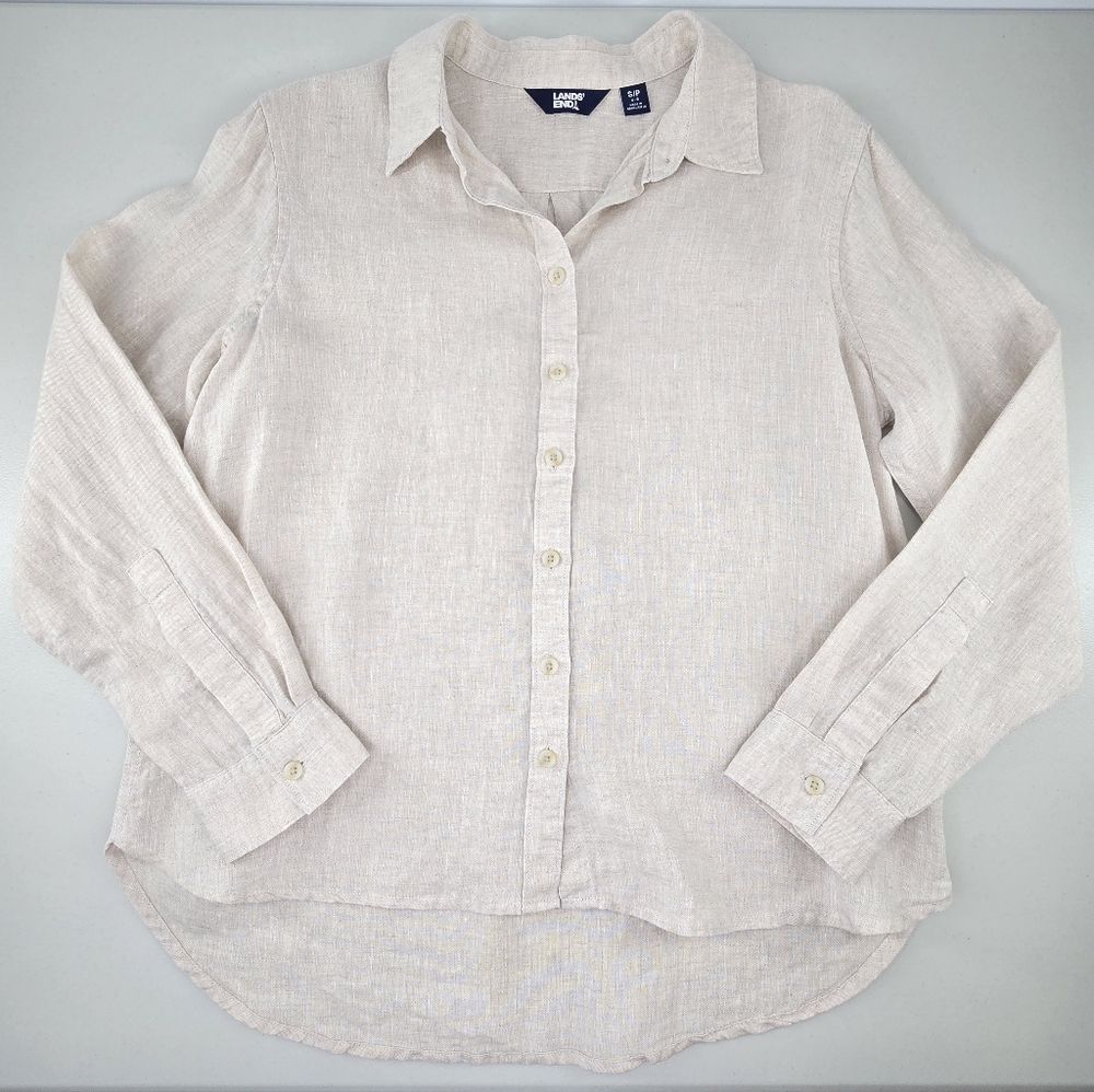 Lands’ End 100% Linen Button Front Long Sleeve Shirt Natural Women's Size S
